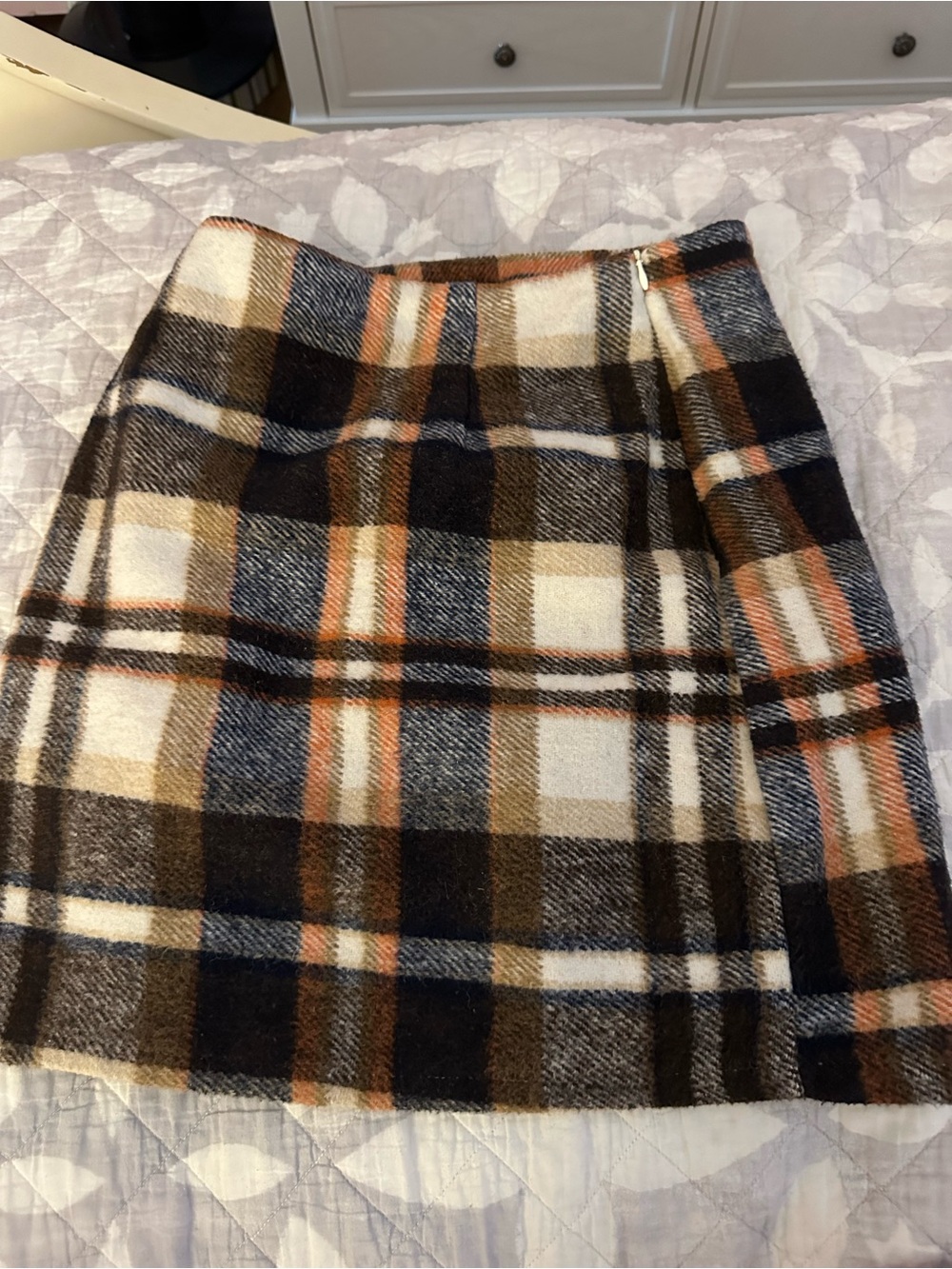 Plaid Wool-Blend Mini Skirt in Brown and Cream